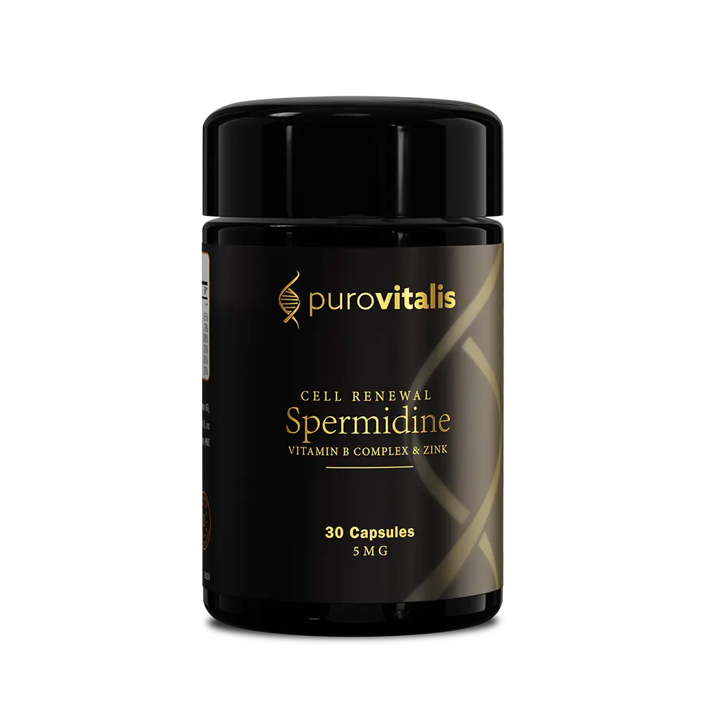 Black Purovitalis Cell Renewal spermidine bottle with gold DNA helix logo on white background
