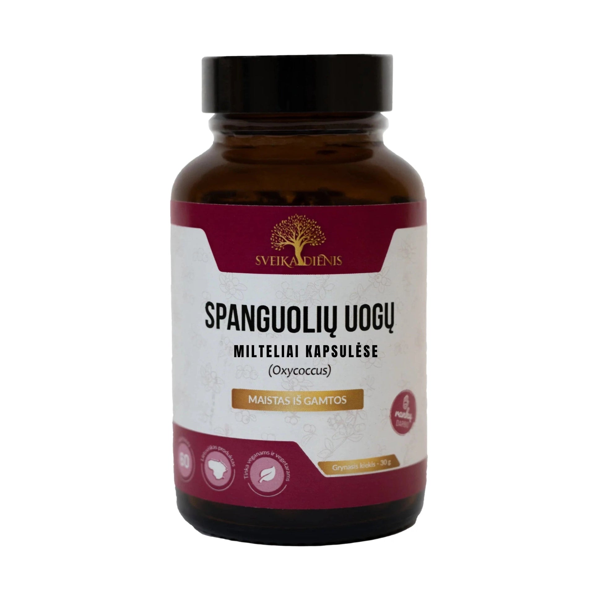 Sveikadienis cranberry powder vegan capsules 60 count in brown bottle