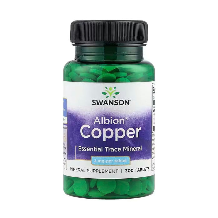 Swanson Albion Copper 2 mg dietary supplement bottle with 300 green round tablets