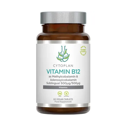 Cytoplan Vitamin B12 sublingual tablets in brown glass bottle, vegan methylcobalamin and adenosylcobalamin 500mcg